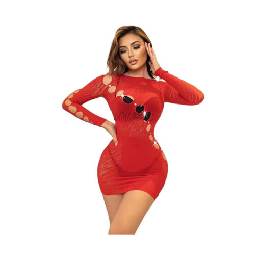 Vestido elástico con mangas y pedrería rojo S/M/L - Imagen 3